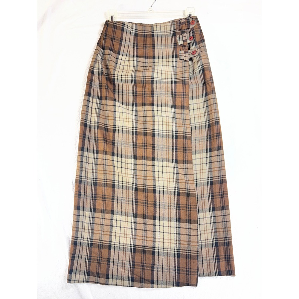 Vintage COLA Brown Plaid Maxi Skirt Side Button Wrap Style Made in USA Size 5/6